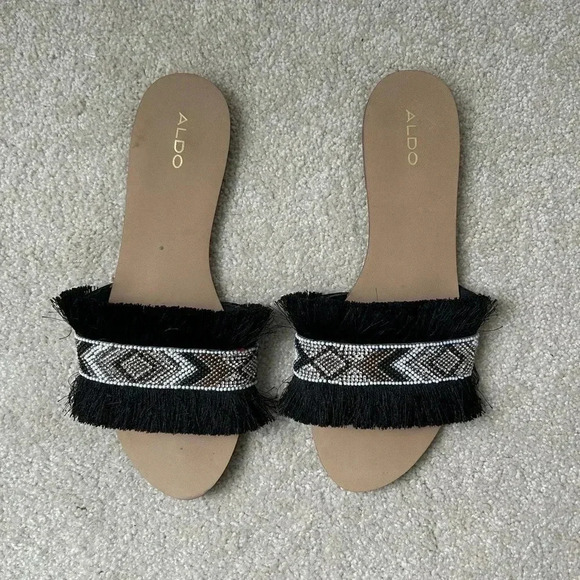 Aldo SEQUIN AND fringe DETAIL ROUND  TOE CASTLEROCK SLIDES - Picture 1 of 6
